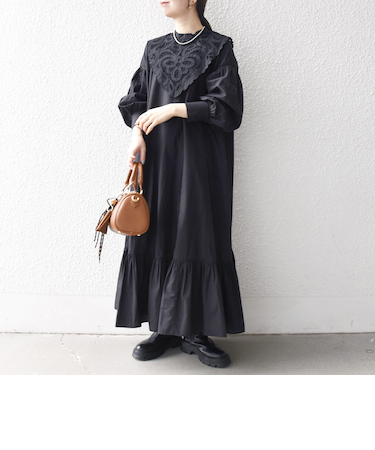 《予約》bon_meur:〈洗濯機可能〉レース ビッグカラー ギャザー パフ シャツワンピース