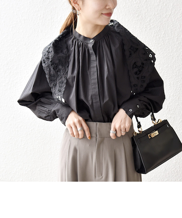 《予約》bon_meur:〈洗濯機可能〉レース スカーフ付き バンドカラー ギャザー パフ シャツ