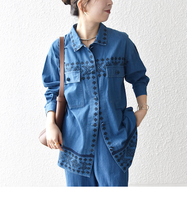 《予約》bon_meur:〈洗濯機可能〉エンブロイダリー デニム シャツ ジャケット