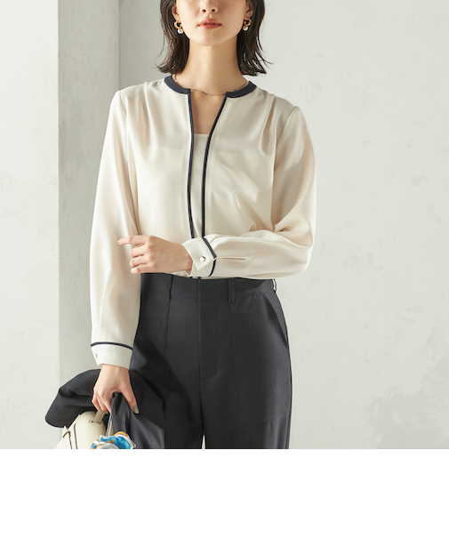 〈手洗い可能〉配色 パイピング キーネック 長袖ブラウス