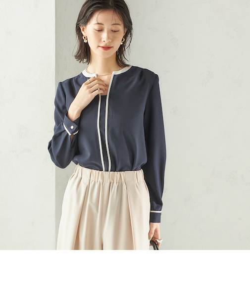 〈手洗い可能〉配色 パイピング キーネック 長袖ブラウス