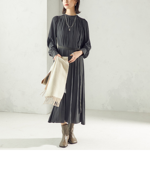 〈手洗い可能〉カッセン ギャザー ベルト付き 長袖 ワンピース