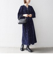 《追加予約》〈手洗い可能〉ポリエステル ベロア 刺繍 タック フレア ワンピース