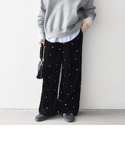 《予約》SHIPS any:〈手洗い可能〉ポリエステル ベロア 刺繍 ストレート ワイド パンツ