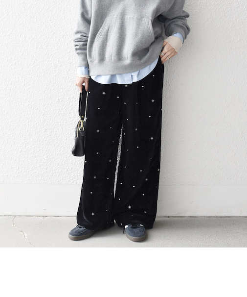 《予約》SHIPS any:〈手洗い可能〉ポリエステル ベロア 刺繍 ストレート ワイド パンツ