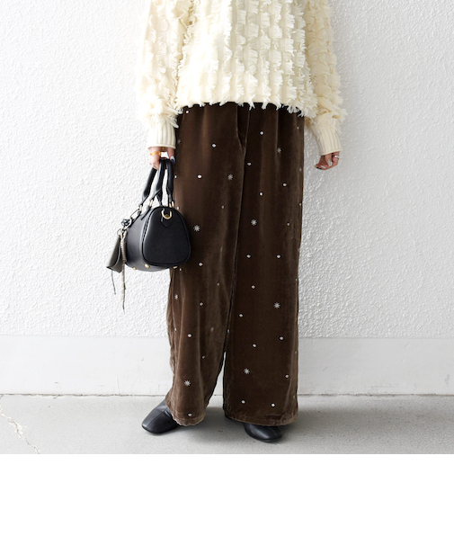 《予約》SHIPS any:〈手洗い可能〉ポリエステル ベロア 刺繍 ストレート ワイド パンツ