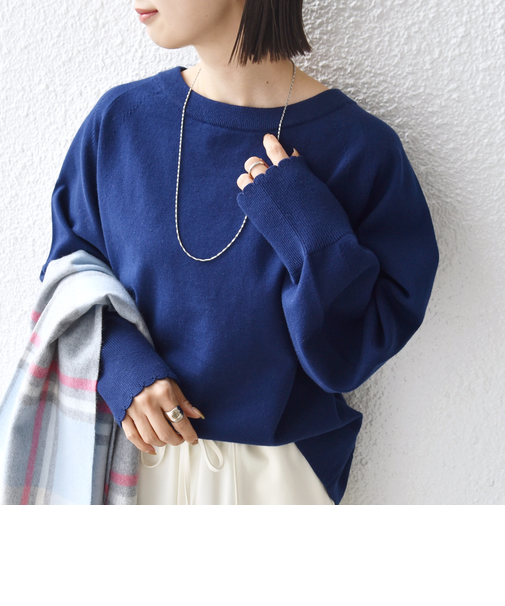 《予約》〈手洗い可能〉コットン カシミヤ混 スカラップヘム ボートネック プルオーバー