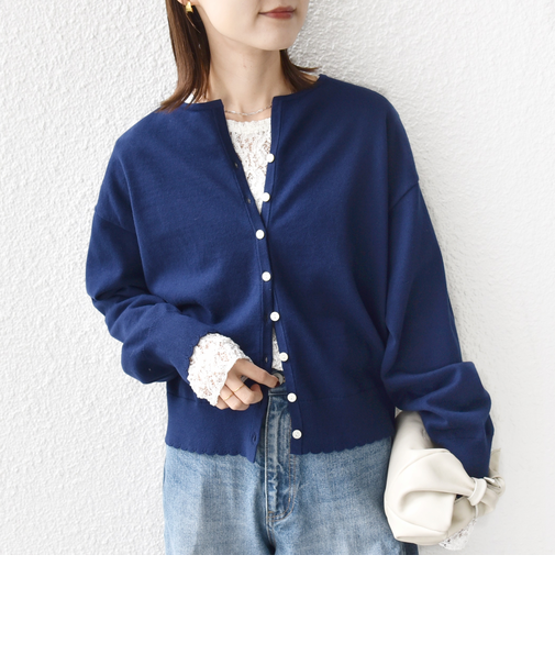 《予約》〈手洗い可能〉コットン カシミヤ混 スカラップヘム カーディガン