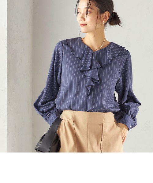 【美品】JNHearts Frill Stripe blouse Navy 予約》〈手洗い可能〉フィブリル ストライプ フリル カラー ブラウス