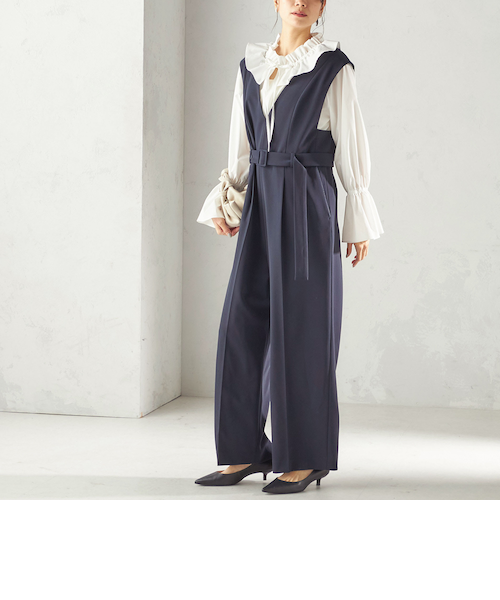 予約》〈手洗い可能〉ダブル クロス Vネック ベルト付 オールインワン