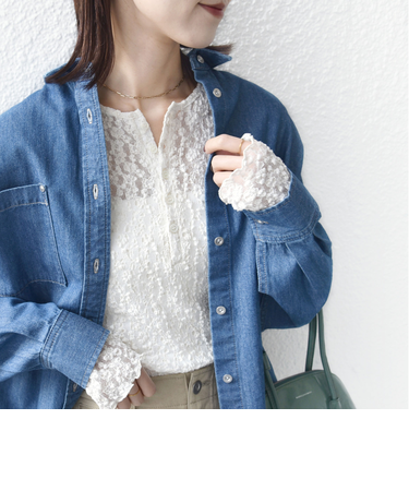 《予約》〈手洗い可能〉ラメ ラッセル レース ヘンリー ネック 2WAY プルオーバー