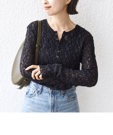 《予約》〈手洗い可能〉ラメ ラッセル レース ヘンリー ネック 2WAY プルオーバー