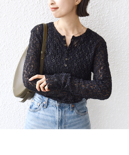 《予約》〈手洗い可能〉ラメ ラッセル レース ヘンリー ネック 2WAY プルオーバー