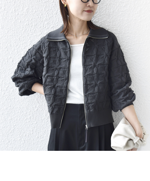 《予約》【WEB限定】〈手洗い可能〉フラワー ジャカード ジップ カーディガン