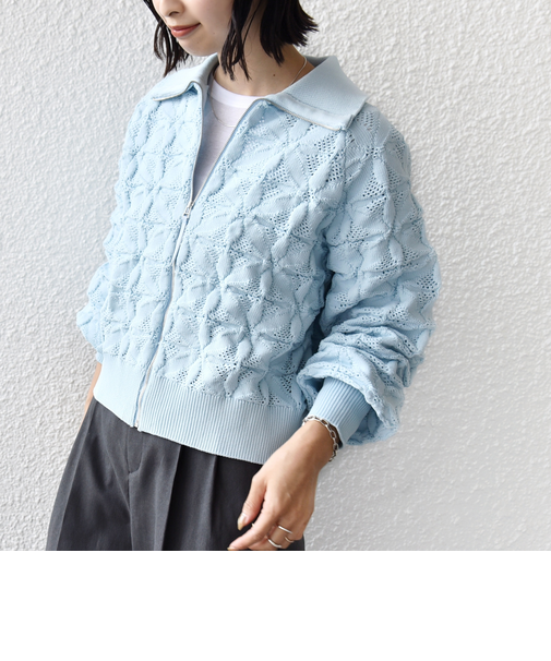 《予約》【WEB限定】〈手洗い可能〉フラワー ジャカード ジップ カーディガン