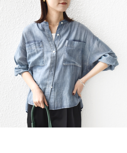 《予約》〈手洗い可能〉シアー デニム 袖 リブ バンドカラー シャツ