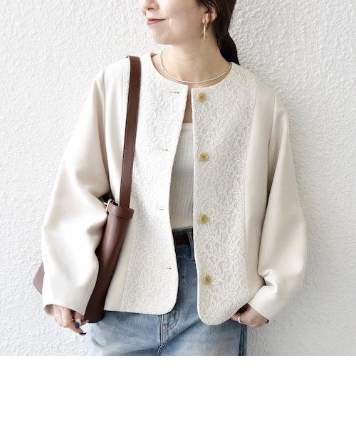 予約》SHIPS any:〈手洗い可能〉ダブルクロス レース 切替 ノーカラー