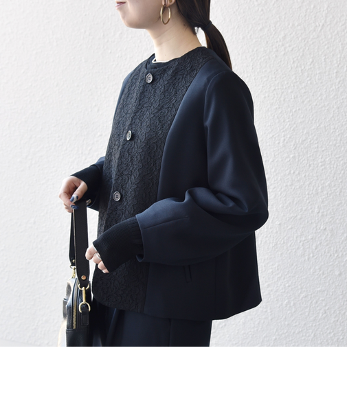 《予約》SHIPS any:〈手洗い可能〉ダブルクロス レース 切替 ノーカラー ジャケット［NAVY BLUE］