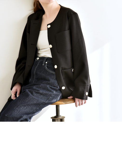 《予約》quaranciel:〈手洗い可能〉ジャージー ポケット ノーカラー ジャケット