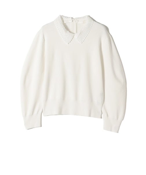 SHIPS Primary Navy Label:〈手洗い可能〉シルク混 レース 襟 プルオーバー