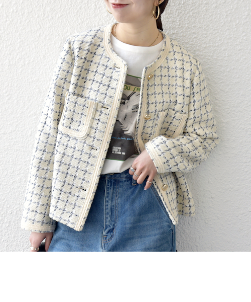 予約》SHIPS any: ツイード パイピング ノーカラー ジャケット