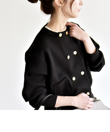 《予約》quaranciel:〈手洗い可能〉ノーカラー ダブル ボタン ジャケット カーディガン