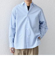 SHIPS any: JAPAN MADE ブルー ストライプ/ソリッド レギュラーカラー シャツ◆