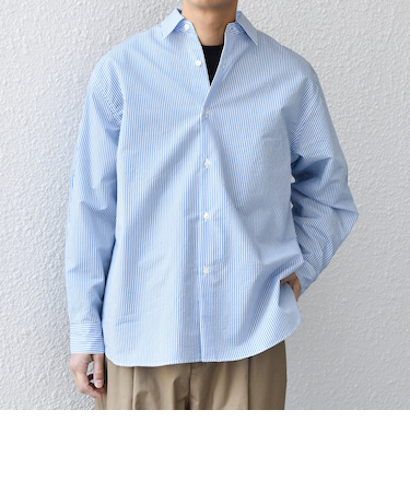 SHIPS any: JAPAN MADE ブルー ストライプ/ソリッド レギュラーカラー シャツ◆