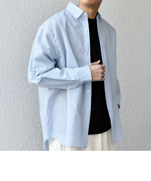 SHIPS any: JAPAN MADE ブルー ストライプ/ソリッド レギュラーカラー シャツ◆