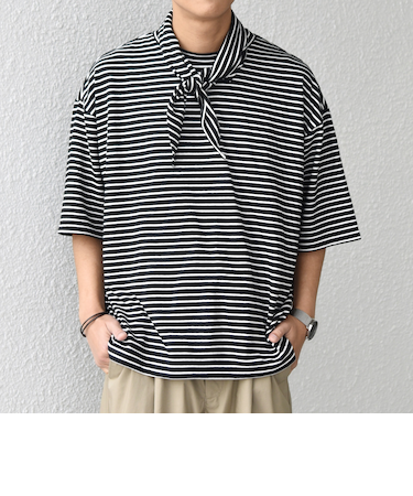 SHIPS any:〈洗濯機可能〉マリンテイスト ボーダー リラックス Tシャツ(スカーフ付き)◆