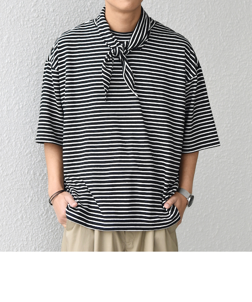 SHIPS any:〈洗濯機可能〉マリンテイスト ボーダー リラックス Tシャツ(スカーフ付き)◆