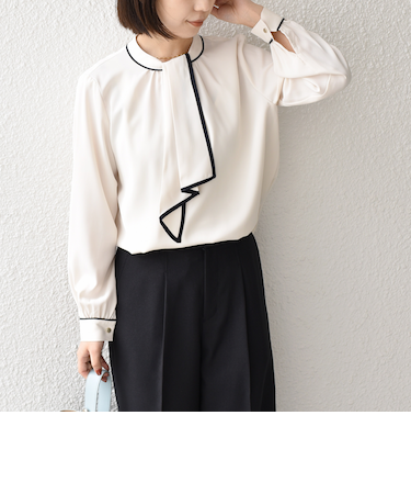 《予約》SHIPS Colors:〈手洗い可能〉バイカラー トリム ボウタイ ブラウス◆