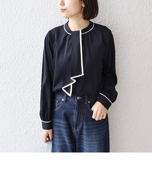 《予約》SHIPS Colors:〈手洗い可能〉バイカラー トリム ボウタイ ブラウス◆