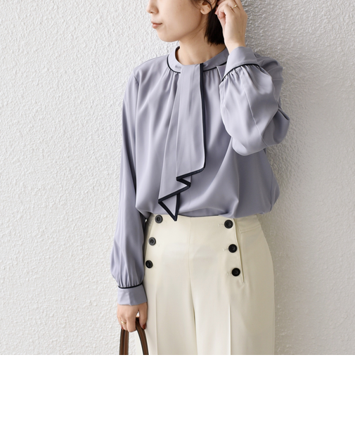 《予約》SHIPS Colors:〈手洗い可能〉バイカラー トリム ボウタイ ブラウス◆