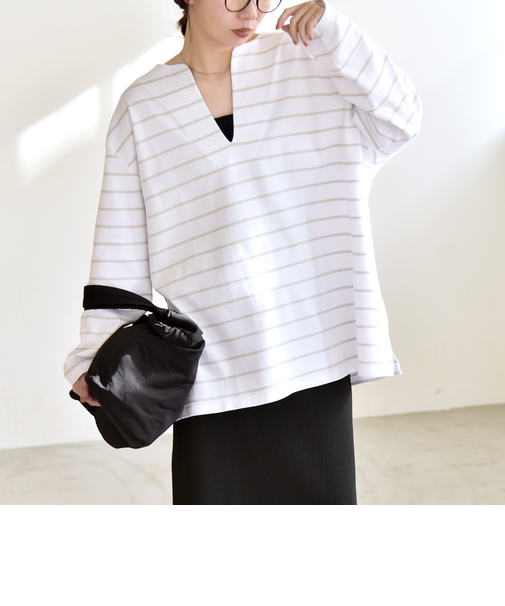 《予約》quaranciel:〈洗濯機可能〉ボーダー スキッパー ロングスリーブ プルオーバー