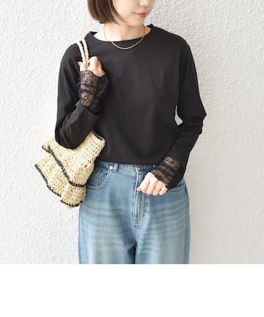 《予約》SHIPS Colors:〈手洗い可能〉レース 切替スリーブ カットソー◆