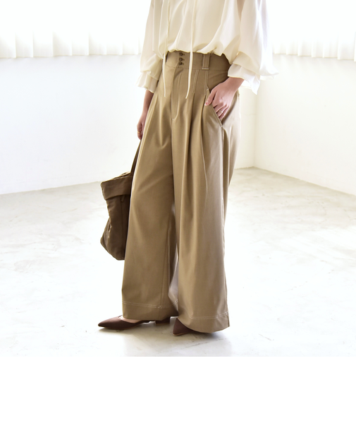 《予約》quaranciel:〈洗濯機可能〉ハイウエスト ボタン 2タック ワイド パンツ