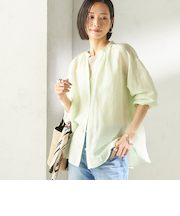 《予約》〈手洗い可能〉IMPERIAL LINEN 混 バンドカラー スキッパー シャツ