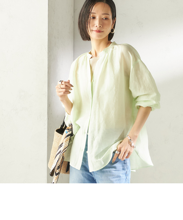 《予約》〈手洗い可能〉IMPERIAL LINEN 混 バンドカラー スキッパー シャツ