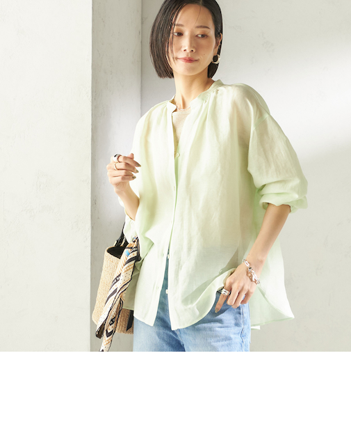 《予約》〈手洗い可能〉IMPERIAL LINEN 混 バンドカラー スキッパー シャツ