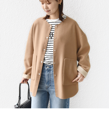 セミ 梳毛 配色 リバー ノーカラー コート