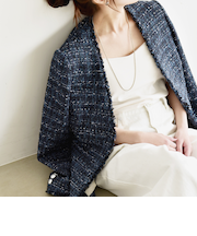 《予約》quaranciel: ツイード ノーラペル フリンジ ジャケット