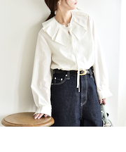 《予約》quaranciel:〈洗濯機可能〉タックカラー 2way キーネック シャツ ブラウス