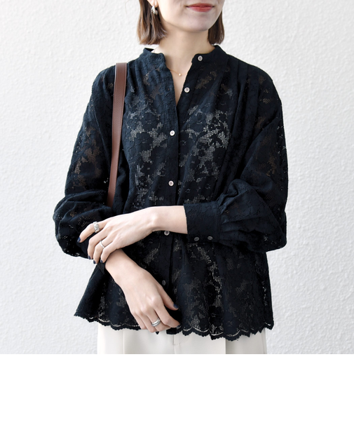 《予約》SHIPS any:〈手洗い可能〉フラワー メッシュ レース バンドカラー タック シャツ