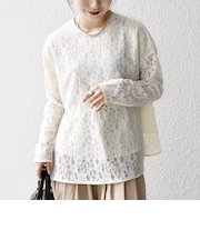 SHIPS any:〈手洗い可能〉フラワー レース クルーネック ペプラム ブラウス