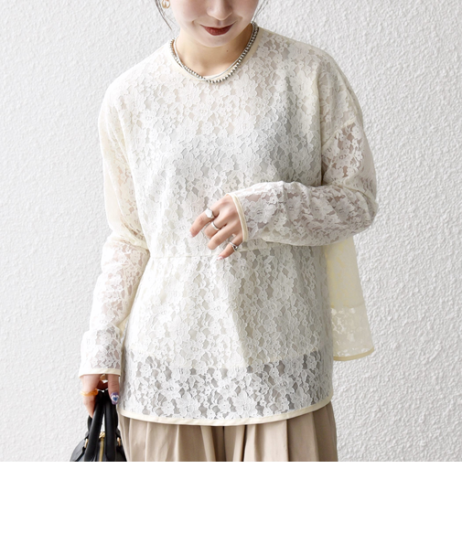 SHIPS any:〈手洗い可能〉フラワー レース クルーネック ペプラム ブラウス