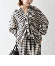 《予約》SHIPS any:〈洗濯機可能〉ギンガムチェック サッカー ドロスト シャツ ブラウス