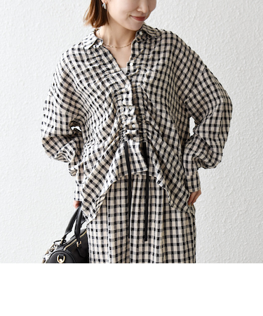 《予約》SHIPS any:〈洗濯機可能〉ギンガムチェック サッカー ドロスト シャツ ブラウス