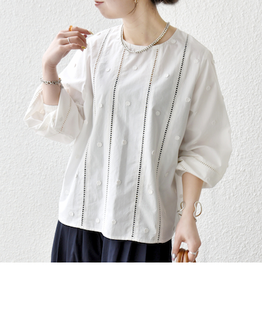 《予約》【WEB限定】SHIPS any:〈洗濯機可能〉フラワー モチーフ ハシゴレース クルーネック ブラウス