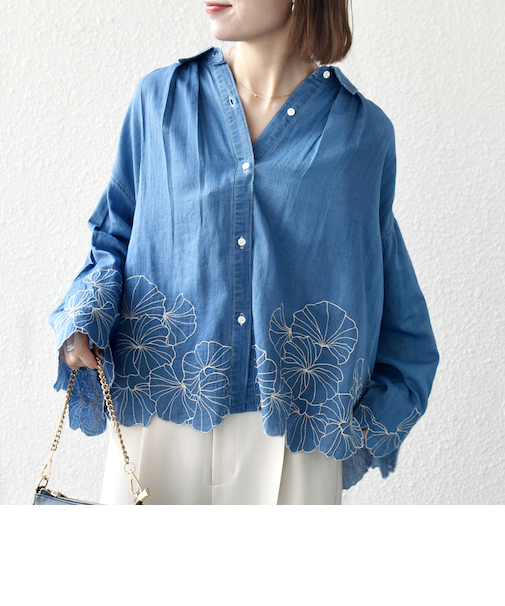 《予約》SHIPS any:〈手洗い可能〉シアー デニム フラワー エンブロ タック シャツ